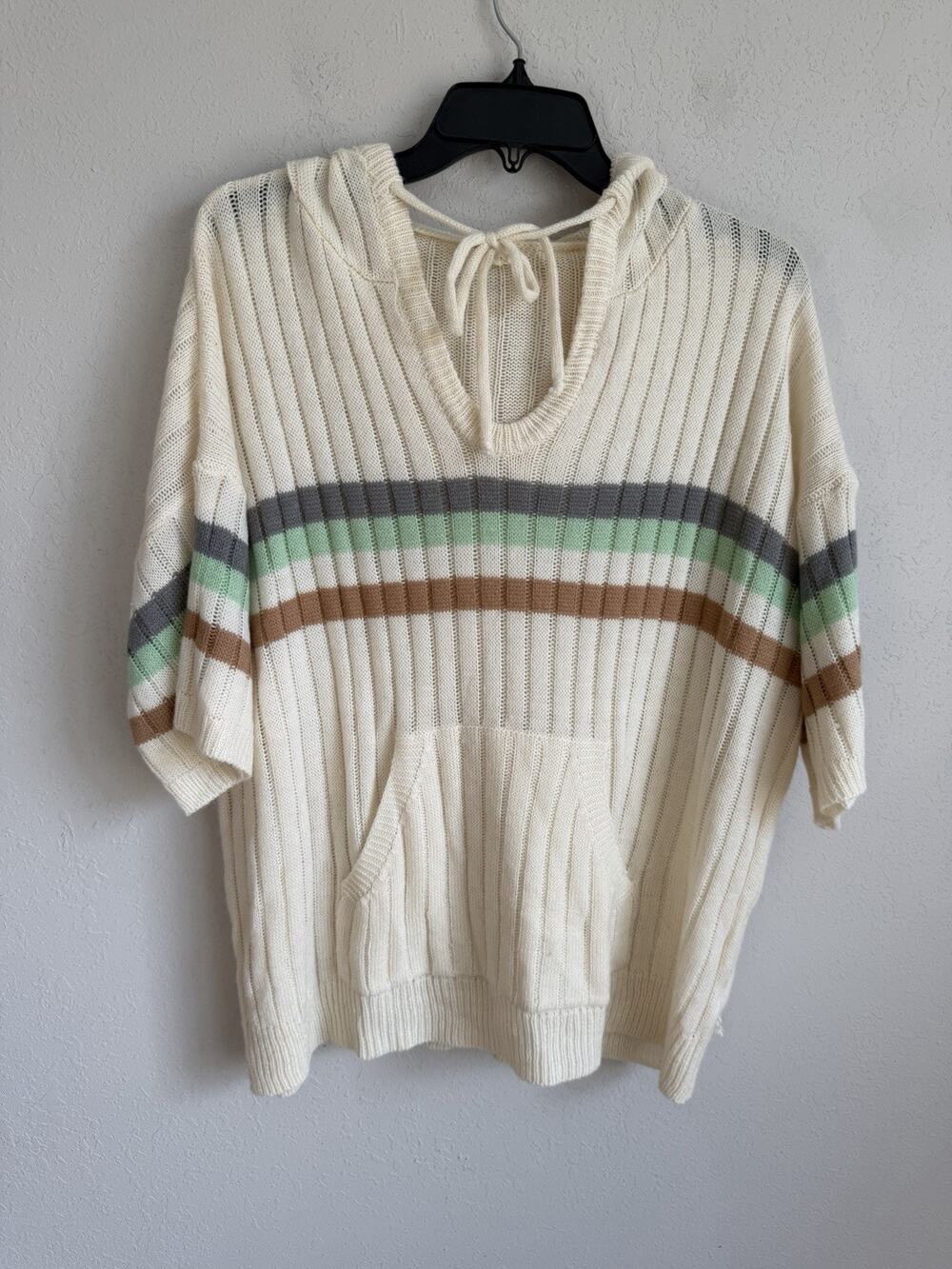 BiBi Cream Multi Stripe Blocking Short Sleeve Sweater Hoodie Womens L Swim Cover